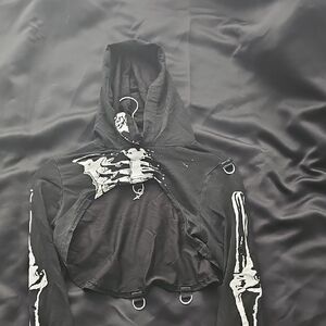 Black Skeleton Print Cropped Hoodie